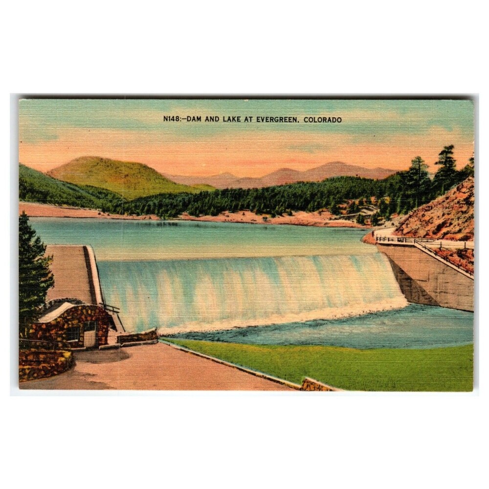 Evergreen Colorado Dam Lake Bear Creek Linen Postcard The Denver News Co.